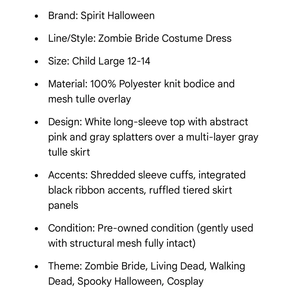 Spirit Halloween Zombie Bride Dress Costume Child Large 12 14 Girls just